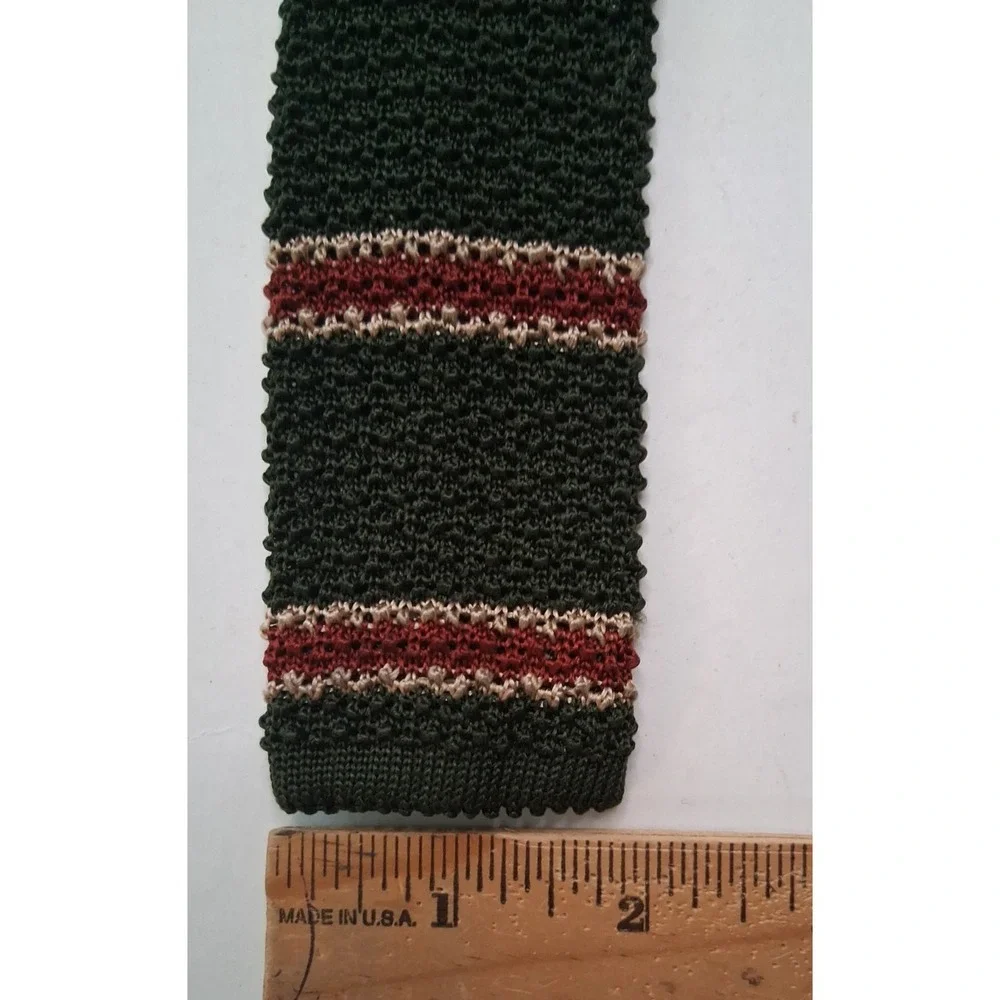 2 Classic Poly Knit Ties Men's Slim Fit Neckties Dk Brown & Hunter Green Striped